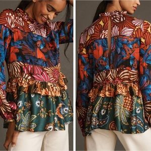 Farm Rio Long Sleeve Printed Tiered Blouse, Size S
